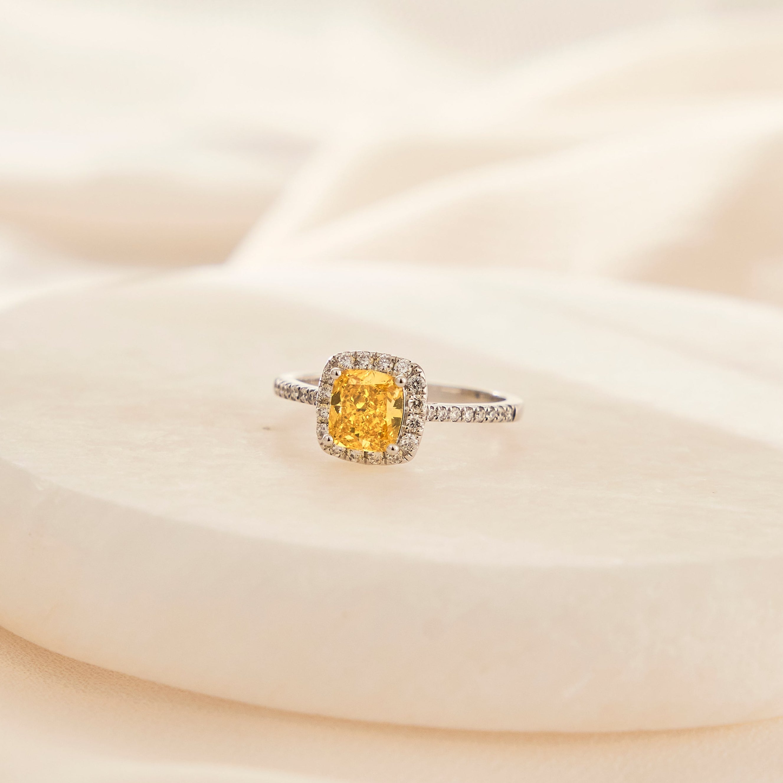 Cusion Cut Fancy Vivid Yellow Diamond Ring