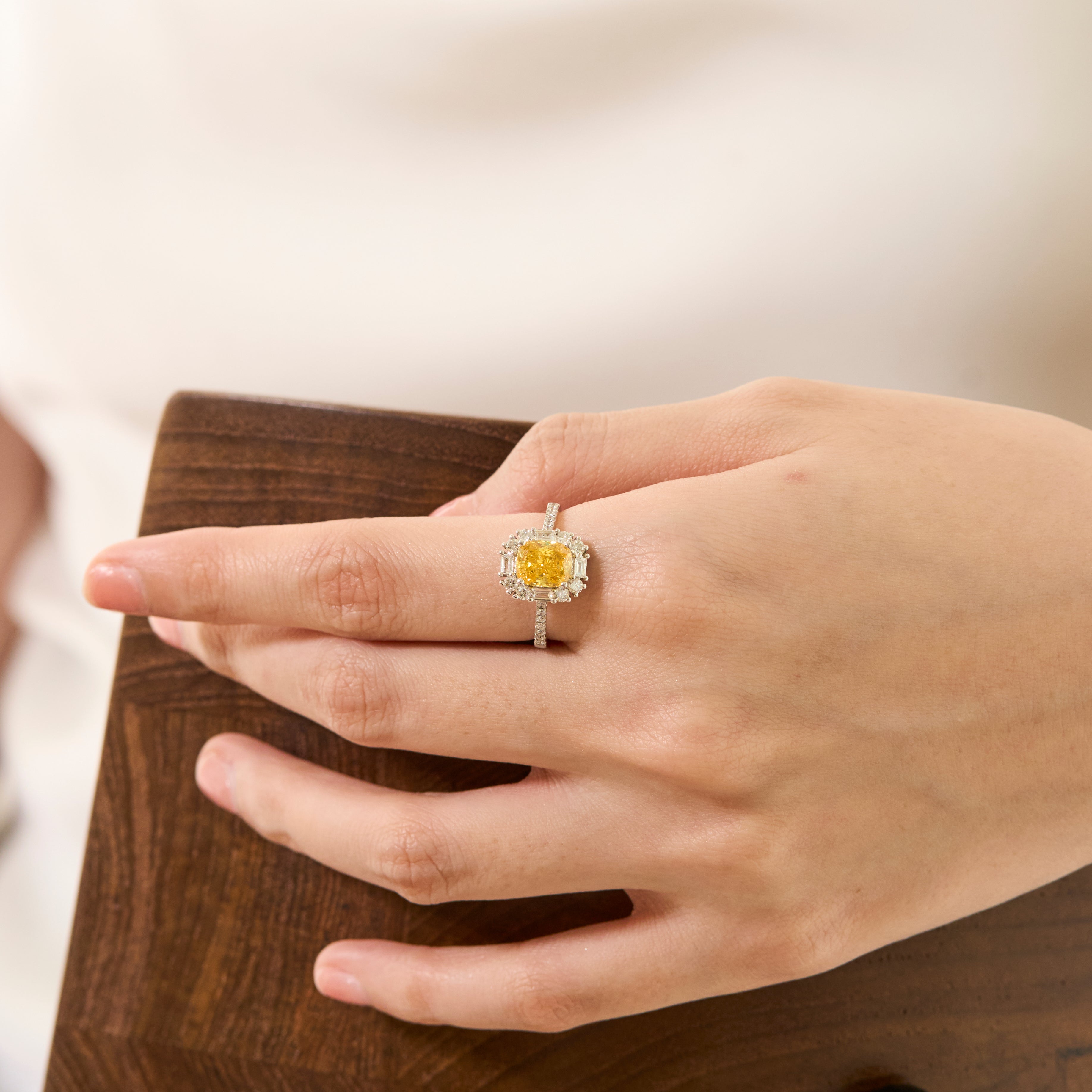Cusion Cut Fancy Vivid Yellow Diamond Ring - Signature Baguette Halo