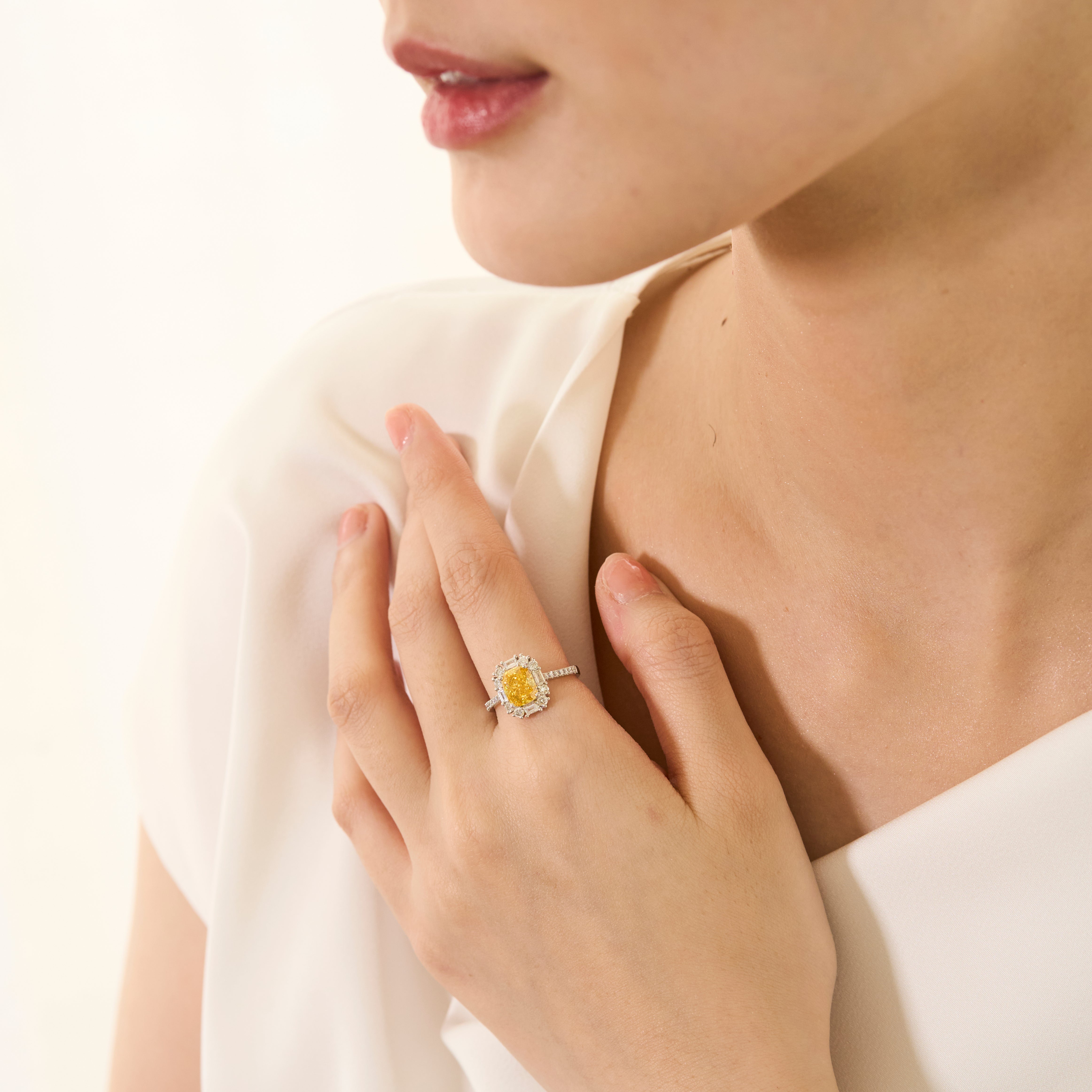 Cusion Cut Fancy Vivid Yellow Diamond Ring - Signature Baguette Halo