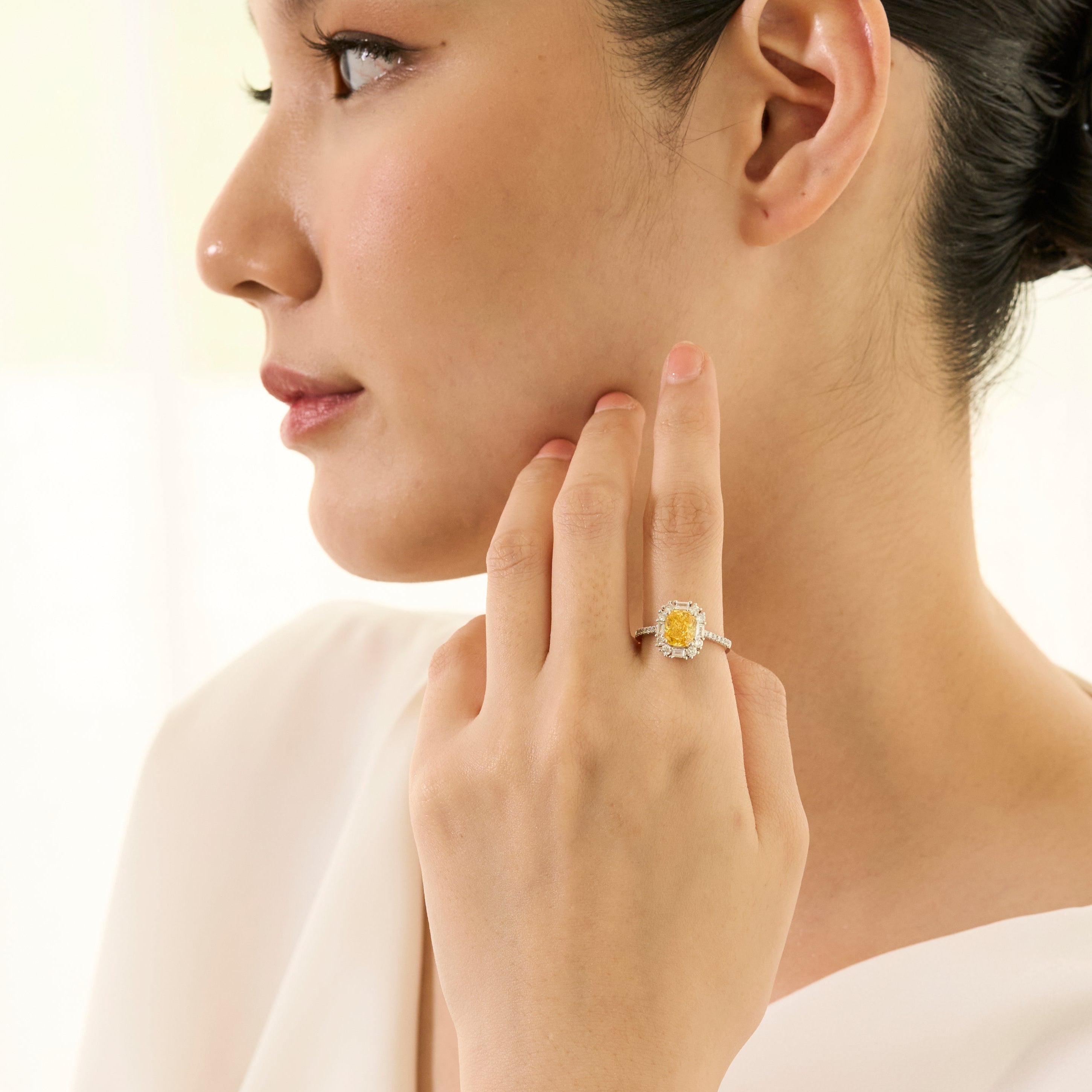Cusion Cut Fancy Vivid Yellow Diamond Ring - Signature Baguette Halo