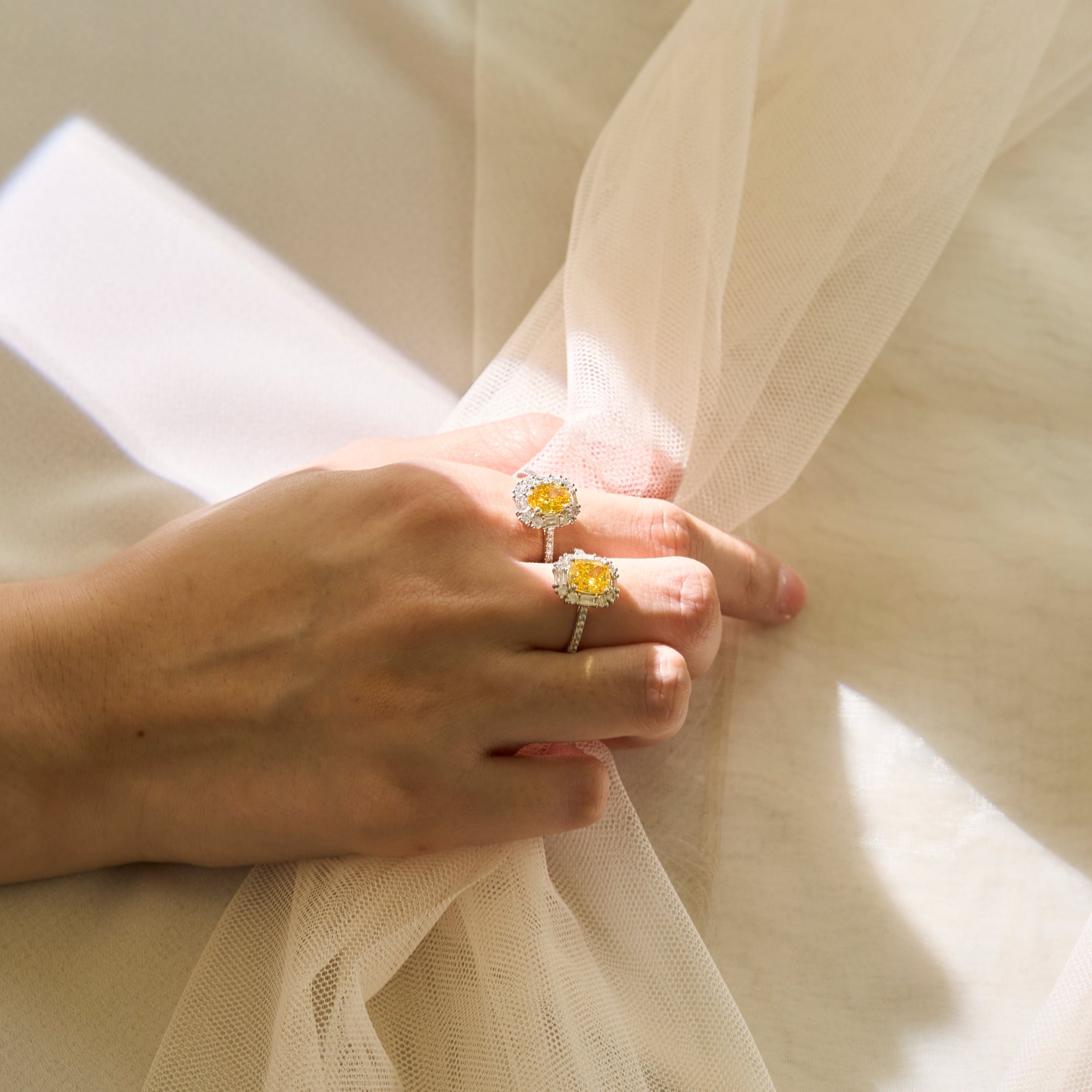Cusion Cut Fancy Vivid Yellow Diamond Ring - Signature Baguette Halo