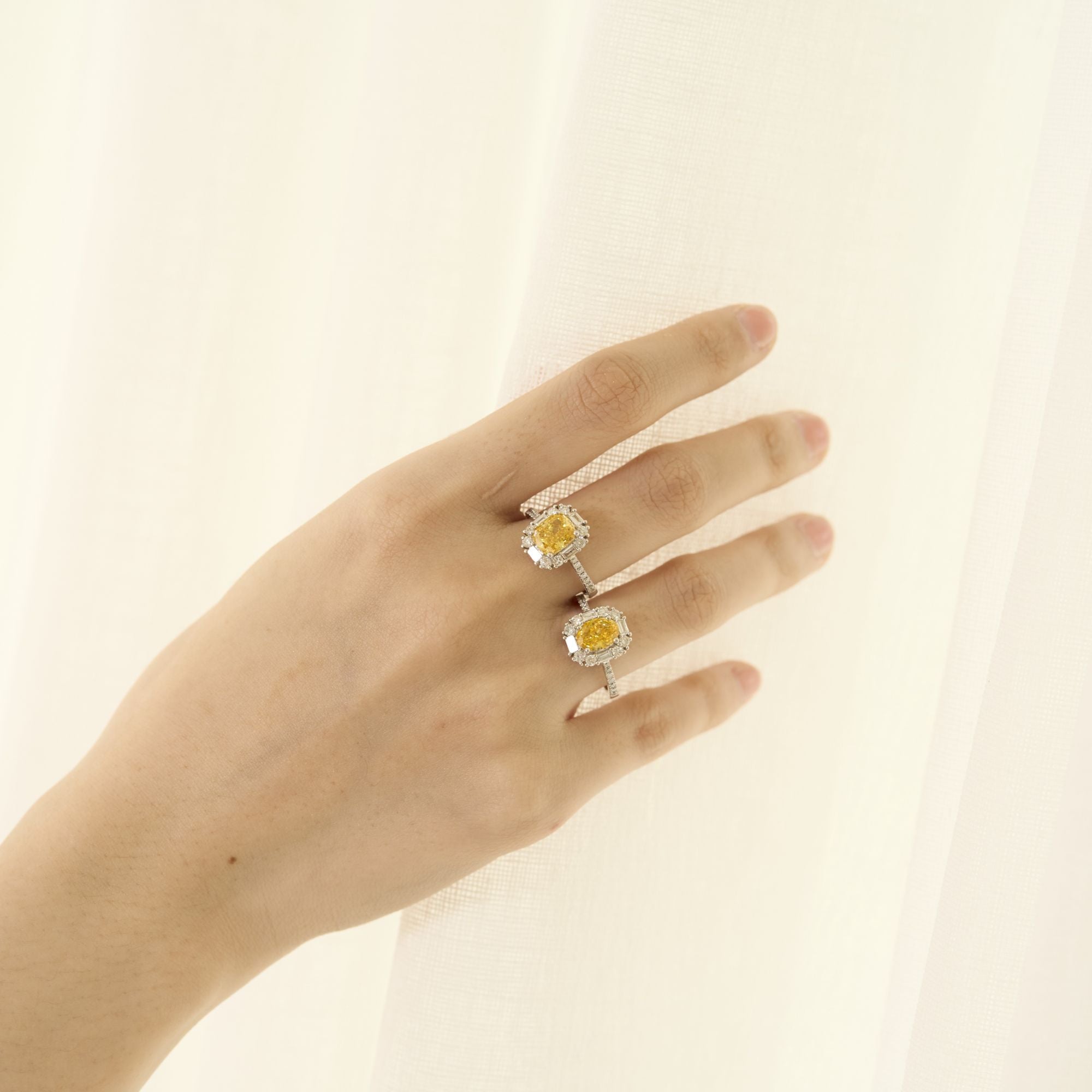 Cusion Cut Fancy Vivid Yellow Diamond Ring - Signature Baguette Halo