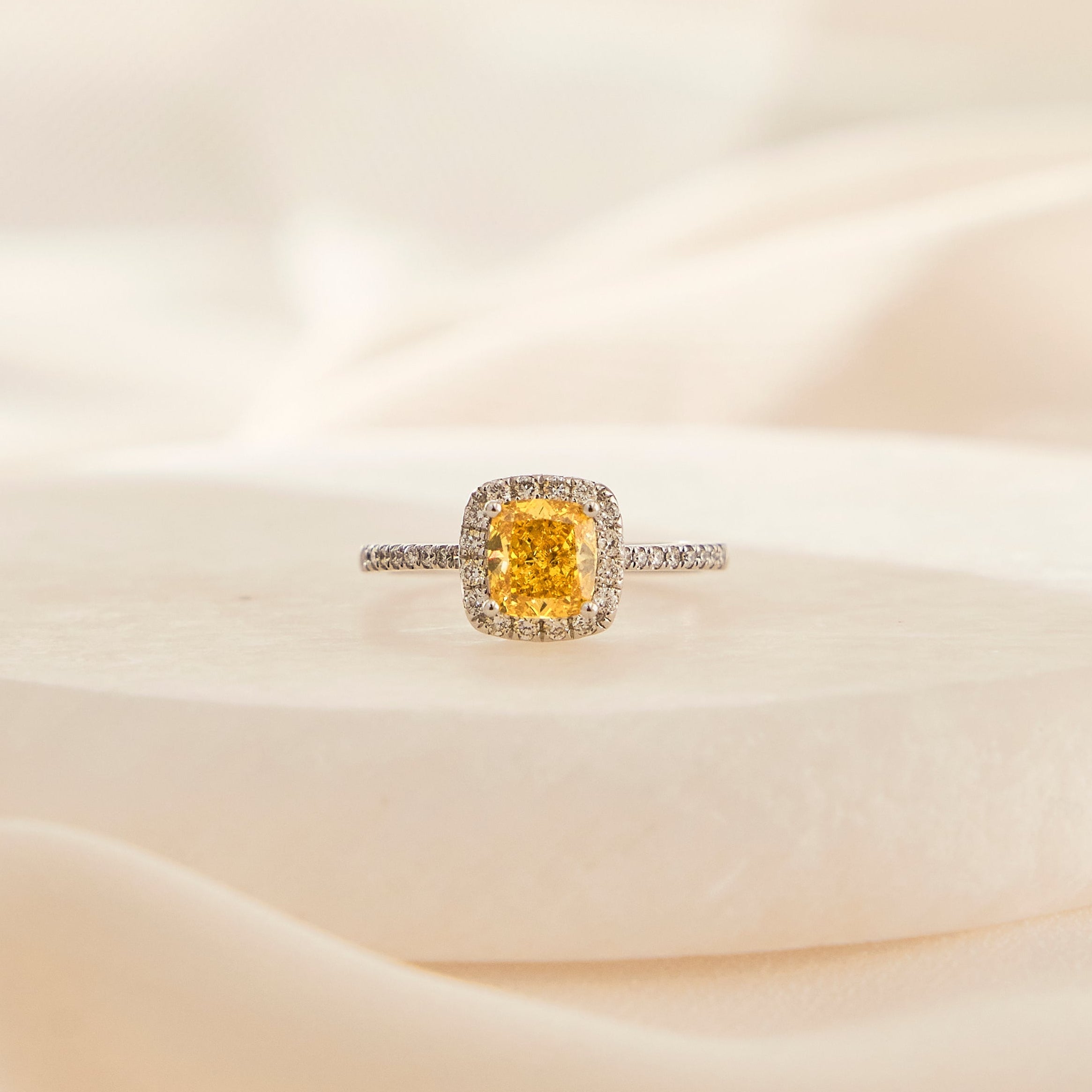 Cusion Cut Fancy Vivid Yellow Diamond Ring