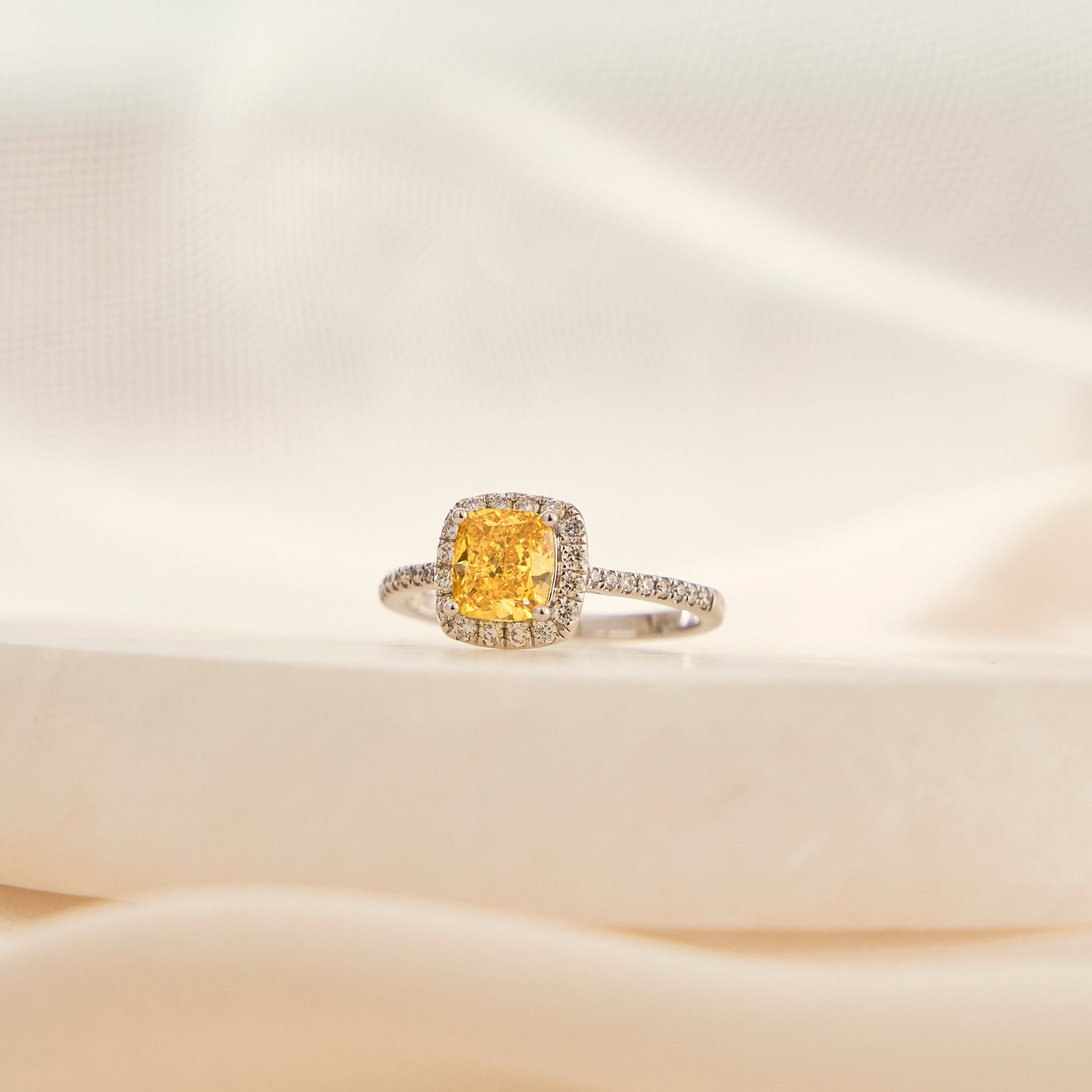 Cusion Cut Fancy Vivid Yellow Diamond Ring
