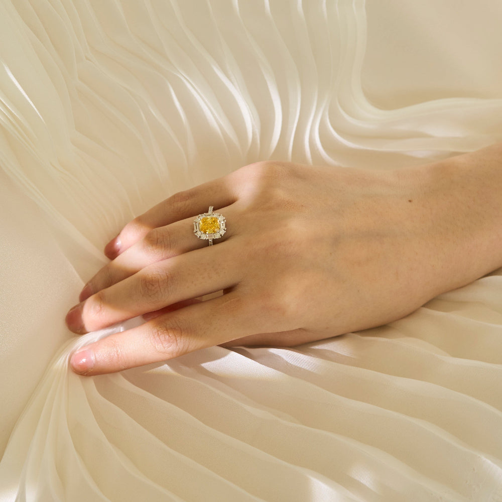 Cusion Cut Fancy Vivid Yellow Diamond Ring - Signature Baguette Halo