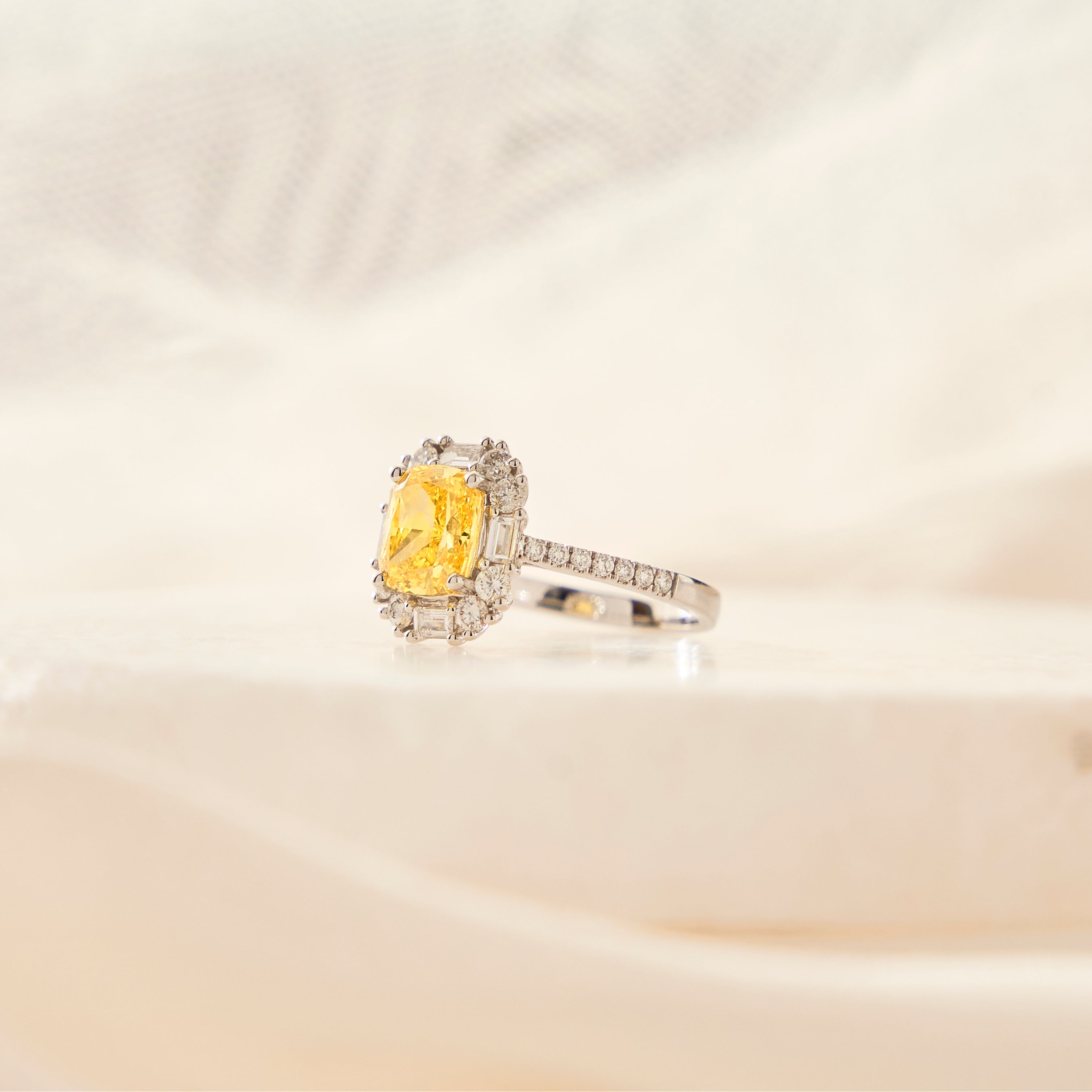 Cusion Cut Fancy Vivid Yellow Diamond Ring - Signature Baguette Halo