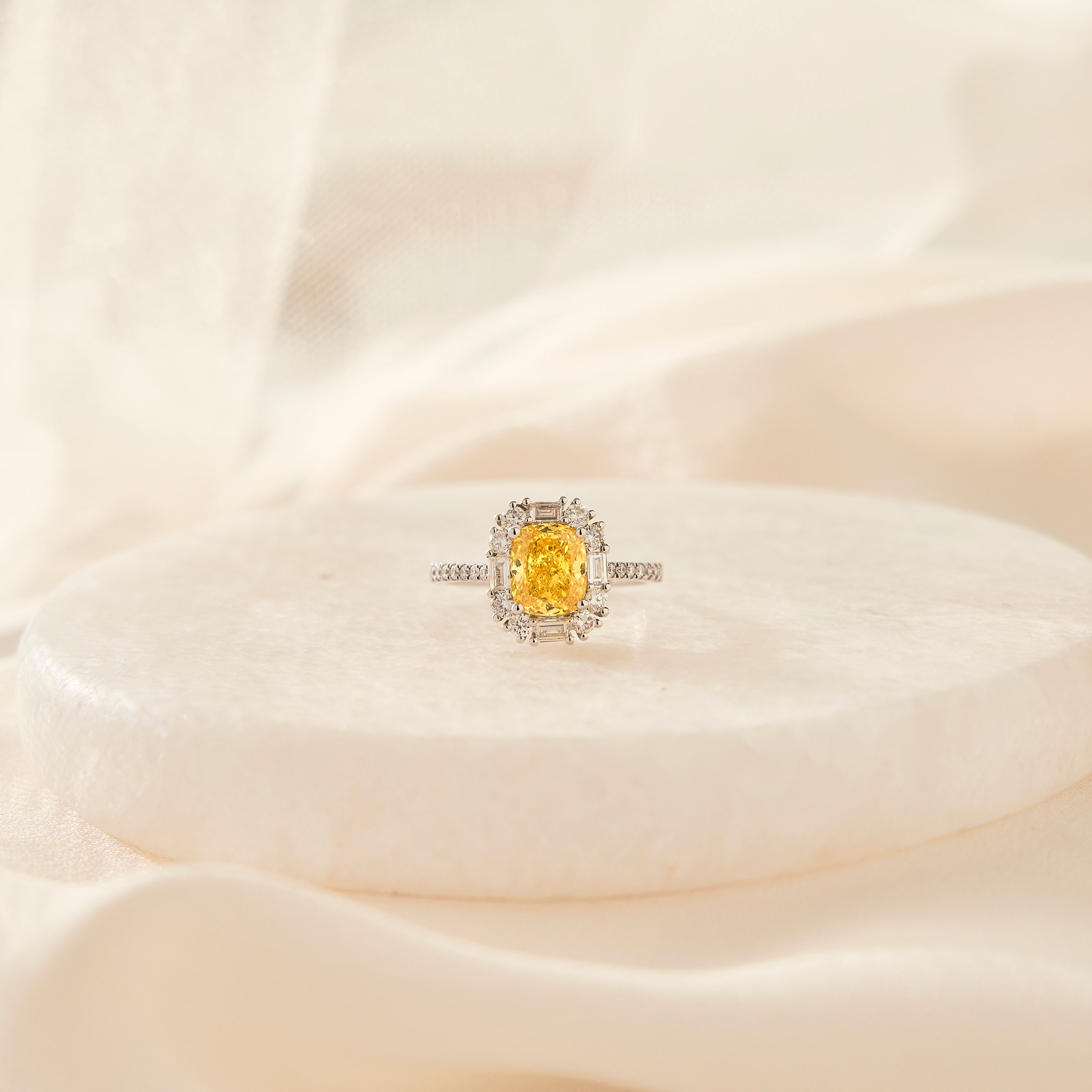 Cusion Cut Fancy Vivid Yellow Diamond Ring - Signature Baguette Halo